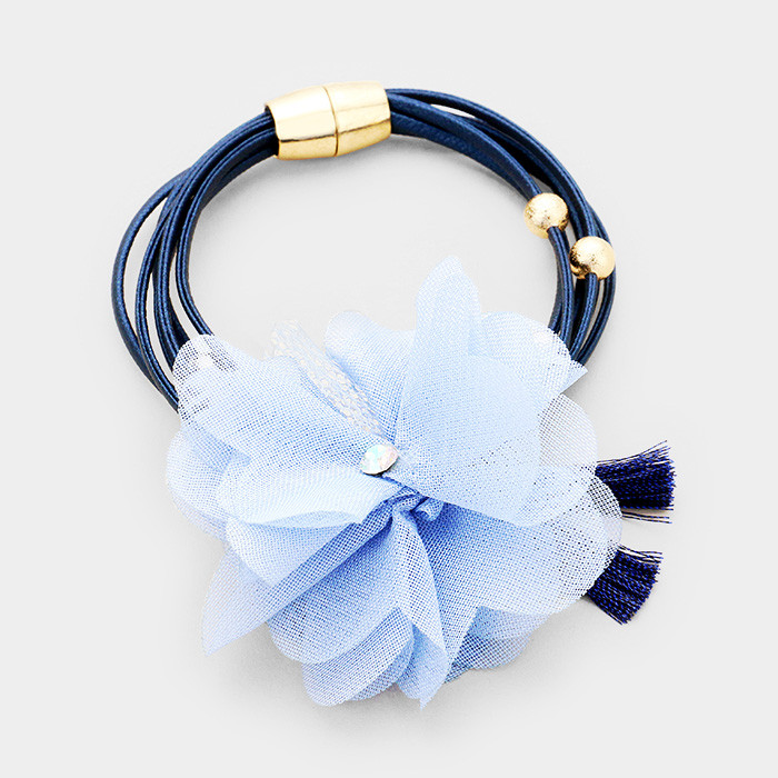 Floral Fantasy Mesh Fabric Flower Double Tassel Magnetic Bracelet - Blue