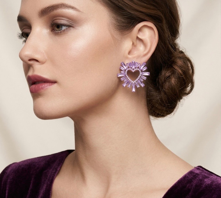 Crystal Kiss Stone Cluster Heart Evening Earrings - Lavender