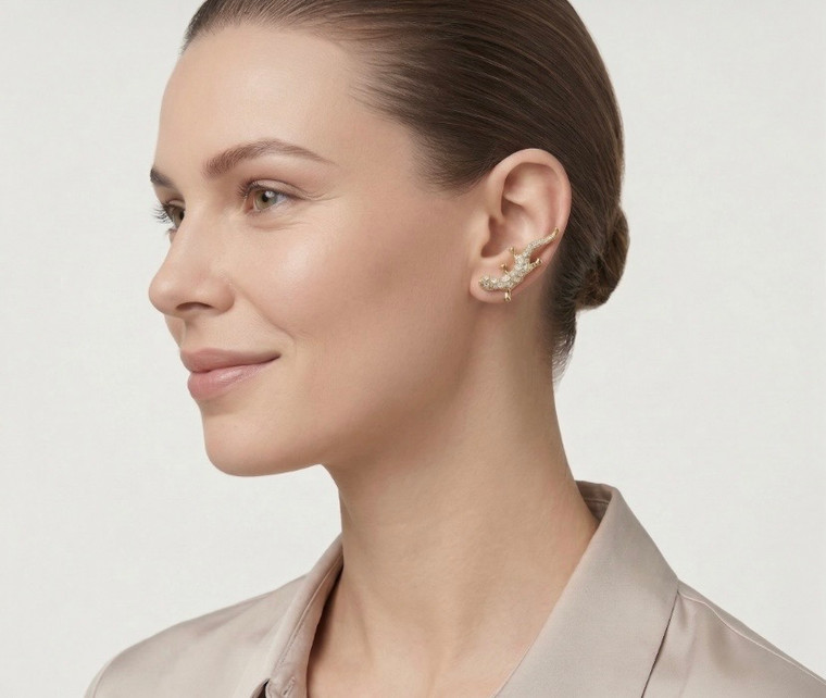 Glam Gecko Lizard Pave Ear Climber Earrings - Gold