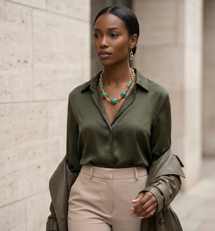 Bolded Beauty Chunky Resin Pebble Wired Link Statement Necklace - Green