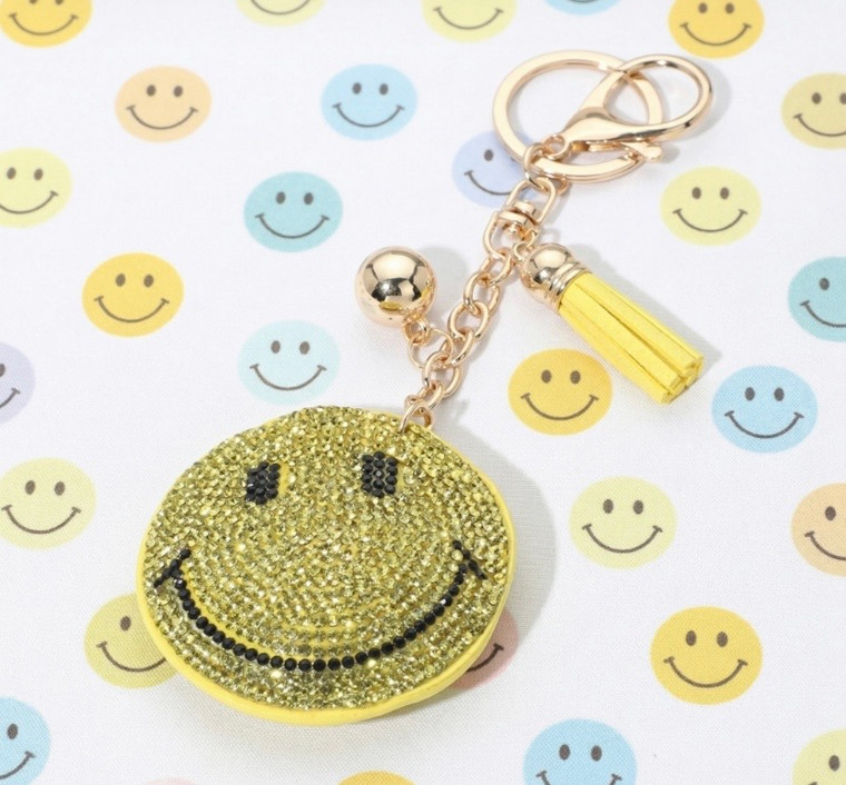 Dazzle Cheer Bling Studded Smile Face Tassel Keychain Bag Charm - Yellow