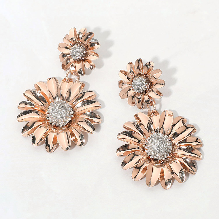 Blooming Beauty Double Floral Drop Earrings - Rose Gold