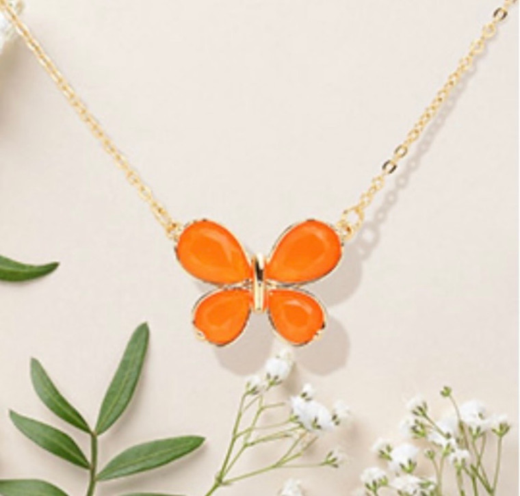 Wings of Wonder Glass Stone Butterfly Cluster Pendant Necklace  - Orange