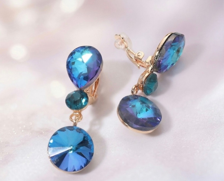 Starluxe Round Crystal Drop Evening Clip On Earrings - AB Blue