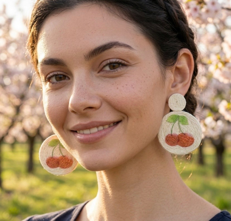 Cherry Crush Detail Swirl Raffia Round Dangle Earrings - Red