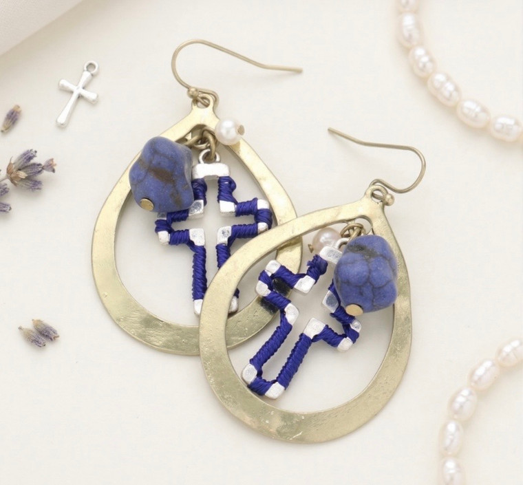 Blessed Beauty Cross Accented Natural Stone Pearl Earrings - Blue