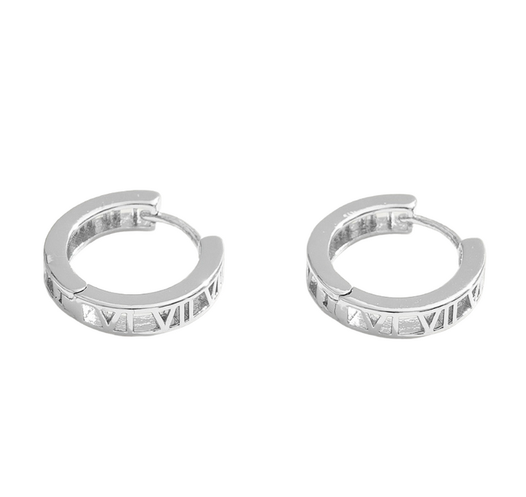 Roman Radiance Numeral Huggie Hoop Earrings Silver