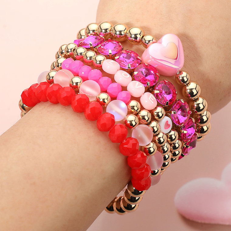 Sweetheart Stack 6PCS - Heart Charm Accent Chunky Beaded Stretch Multi Layered Bracelets