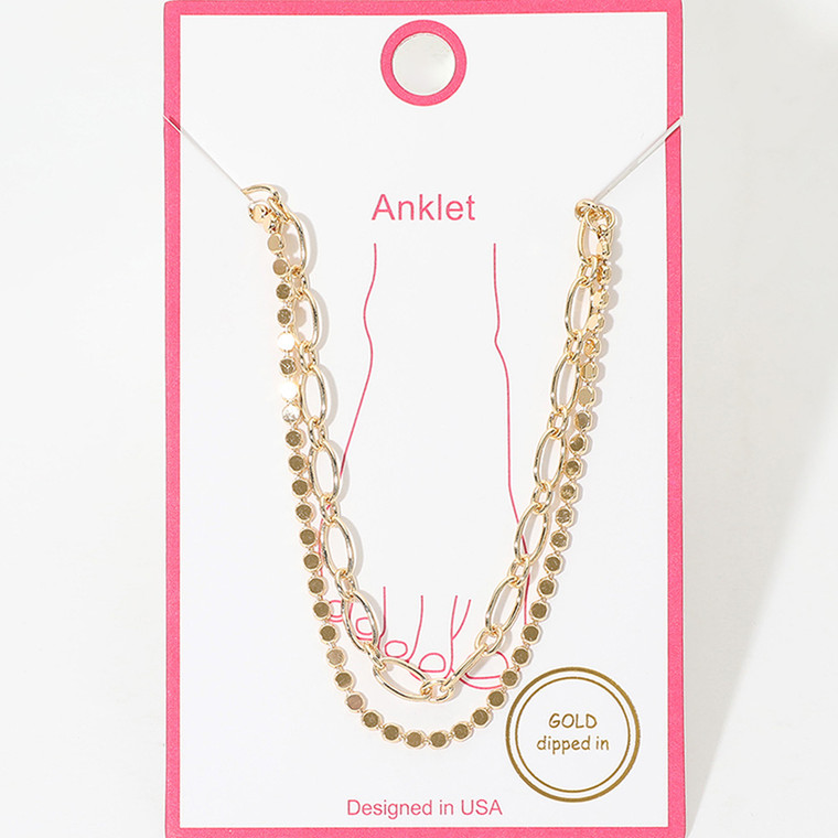 Runway Glow Gold Dipped Disc Paperclip Layered Chain Anklet
