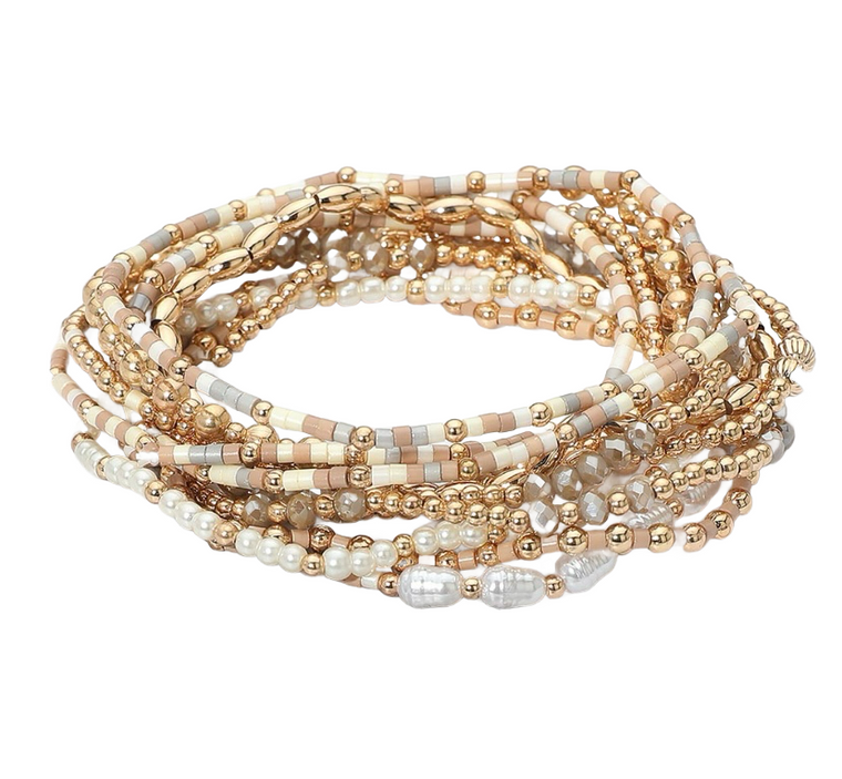 Adorned Pearl Faceted Beads Stretch Bracelet Brown