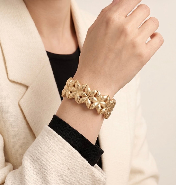 Petal Power Geometric Floral Metal Beaded Stretch Statement Bracelet