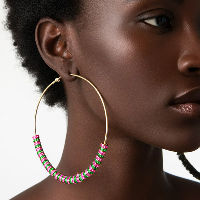 Color Rush Vibrant Pink and Green Crystal Ring Beaded Hoop Earrings