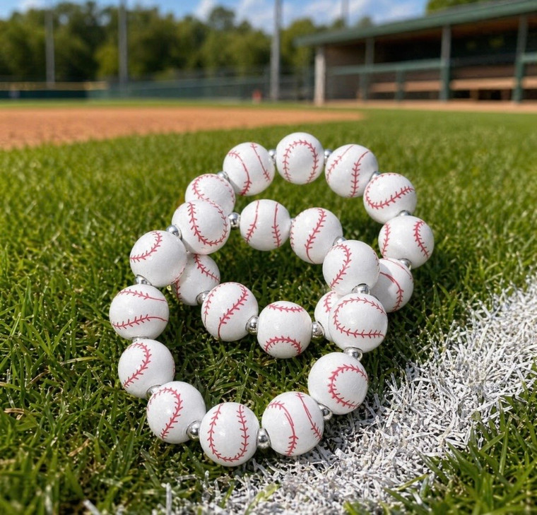 Play Ball 2PCS - Baseball Printed Beaded Stretch Bracelet