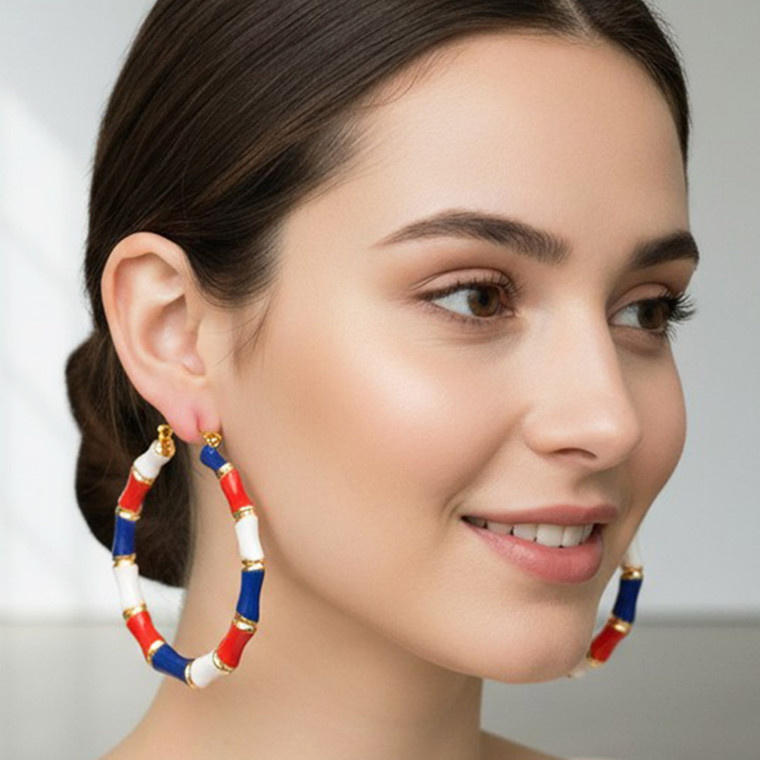 American USA Flag Enamel Metal Bamboo Hoop Pin Catch Earrings