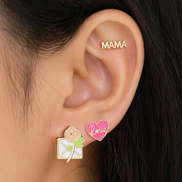 Heartfelt Bliss 3Pairs - Metal MAMA Enamel love Heart Flower Letter Stud Earrings