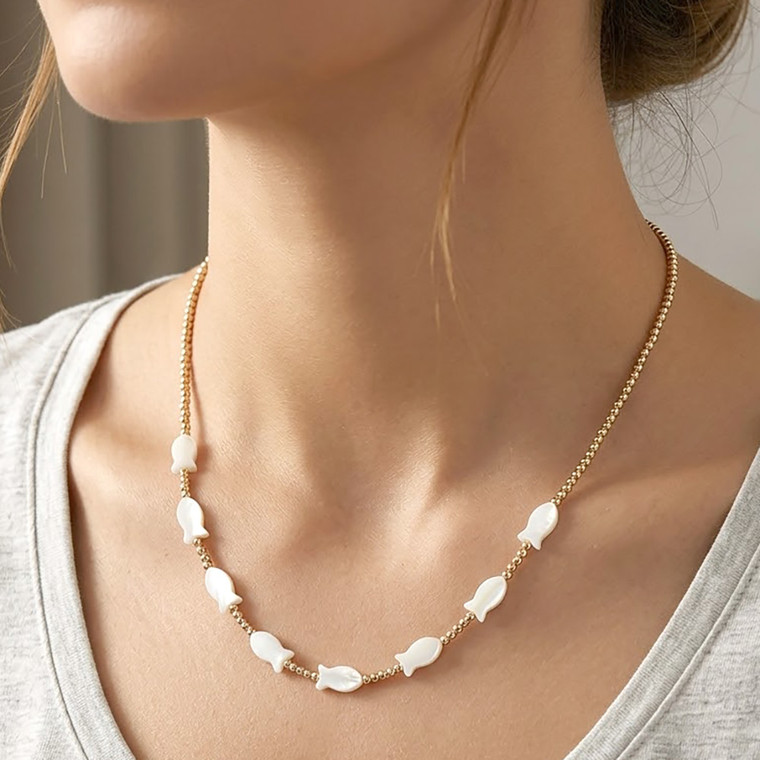 Shoreline Glow Mother of Pearl Fish Charm Beaded Necklace