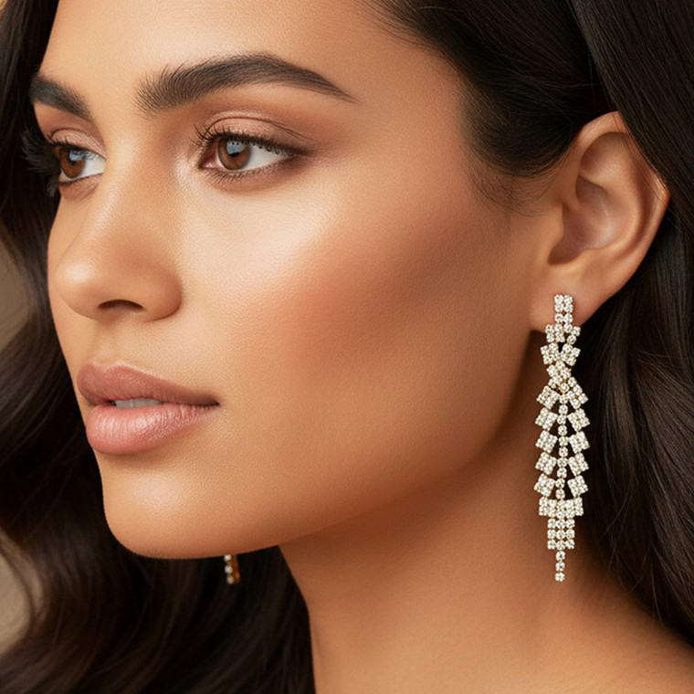 Diamond Drape Rhinestone Tiered Chandelier Drop Evening Earrings