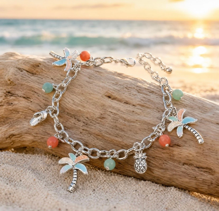 Island Breeze Tropical Palm Tree Flip Flop Pineapple Beads Charm Bracelet