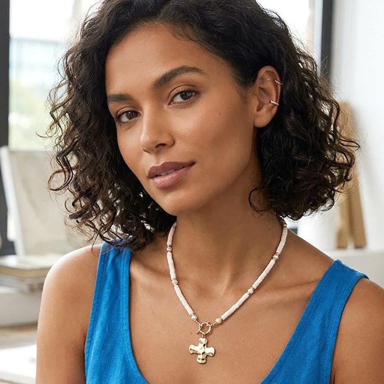 Lustre Faith Hammered Metal Cross Charm Pendant Accent Pearl Flat Beaded Necklace