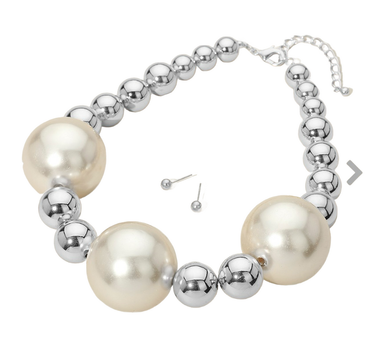 Glisten Chunky Pearl Accent Metal Ball Statement Necklace