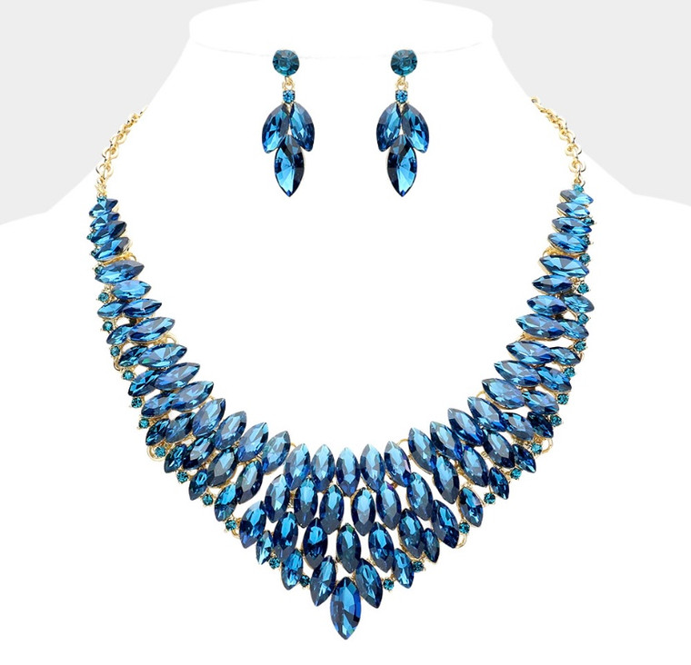 Glamarize Marquise Stone Cluster Embellished Collar Necklace Blue
