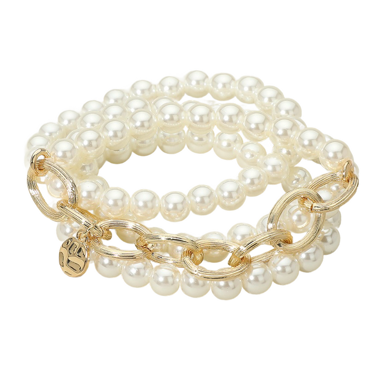 Grace The Day 3 PCS Metal Link Pearl Stretch Bracelet Cream