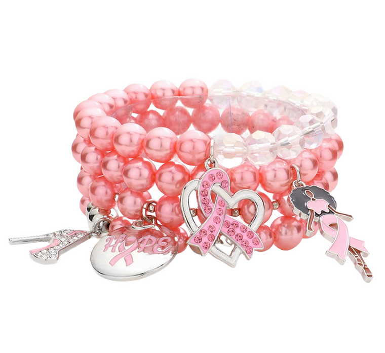 Vibrance Pink Ribbon Hope Charm Stretch Bracelet - Light Pink