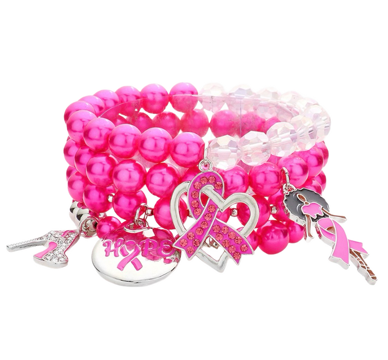 Vibrance Pink Ribbon Hope Charm Stretch Bracelet - Dark Pink