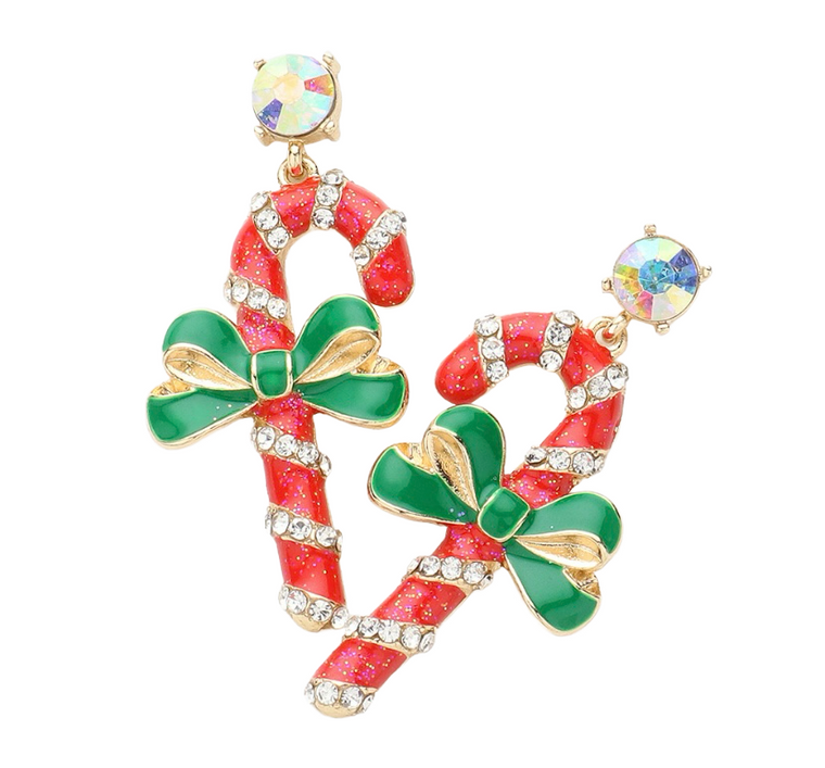 Holiday Candy Cane Stone Paved Dangle Earrings - Gold Multi