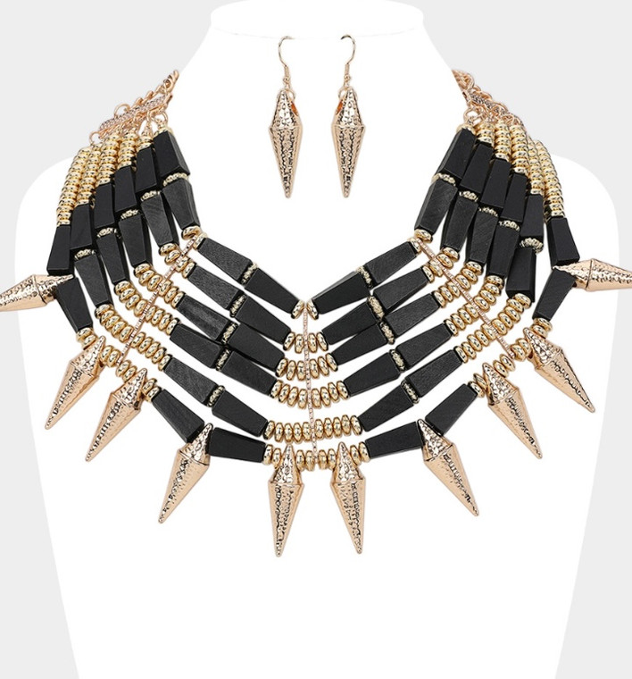 Echoes of Wooden Metal Bat Beaded Spike Necklace - Black