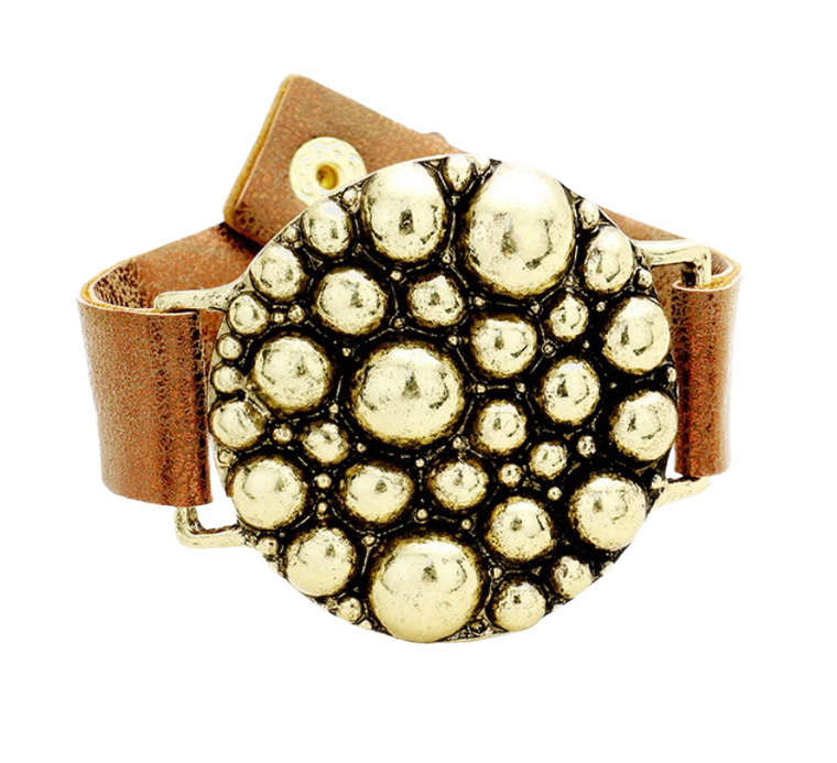 Nova Sphere  Metal Ball Cluster Faux Leather Bracelet - Gold Burnished