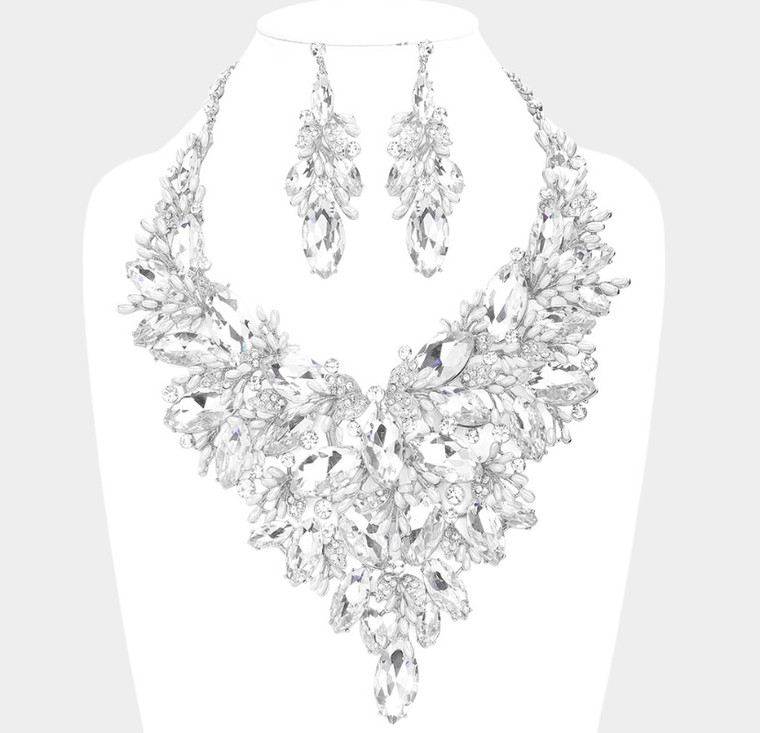 Gala Glamour Marquise Stone Cluster Leaf Evening Necklace - Rhodium