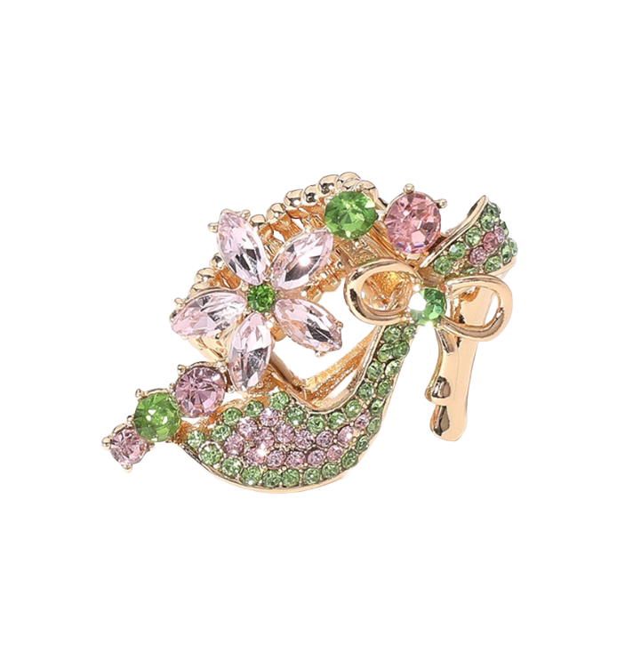 Stiletto Sparkle Rhinestone Flower High Heel Stretch Ring -  Pink/Green