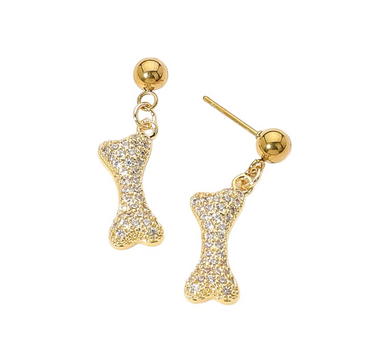 Glam Sparkle Stone Paved Dog Bone Earrings - Gold