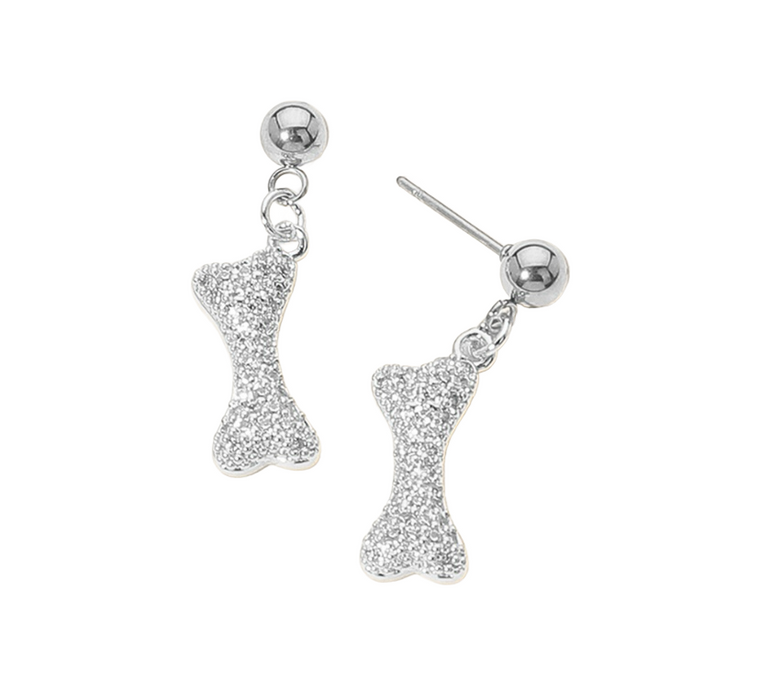 Glam Sparkle Stone Paved Dog Bone Earrings - Silver