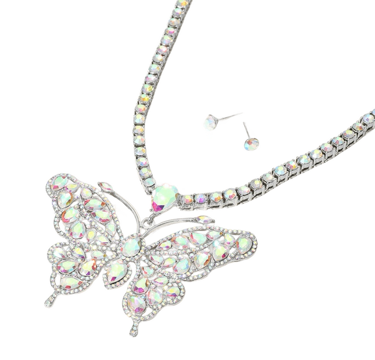 Flutter and Shine Rhinestone Butterfly Tennis Chain Necklace - AB Silver
