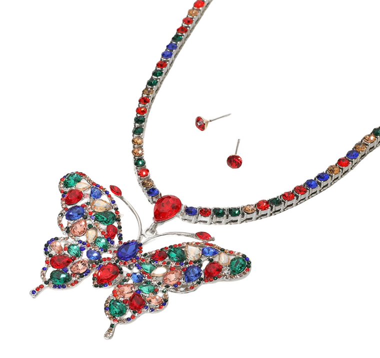 Flutter and Shine Rhinestone Butterfly Tennis Chain Necklace - Multi