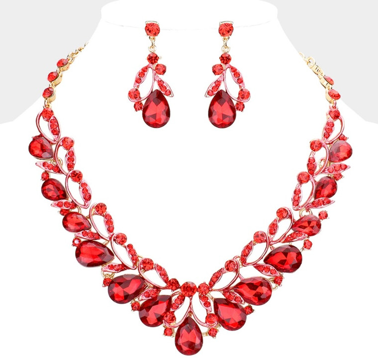 Opulent Essence Teardrop Accented Stone Embellished Necklace -  Red