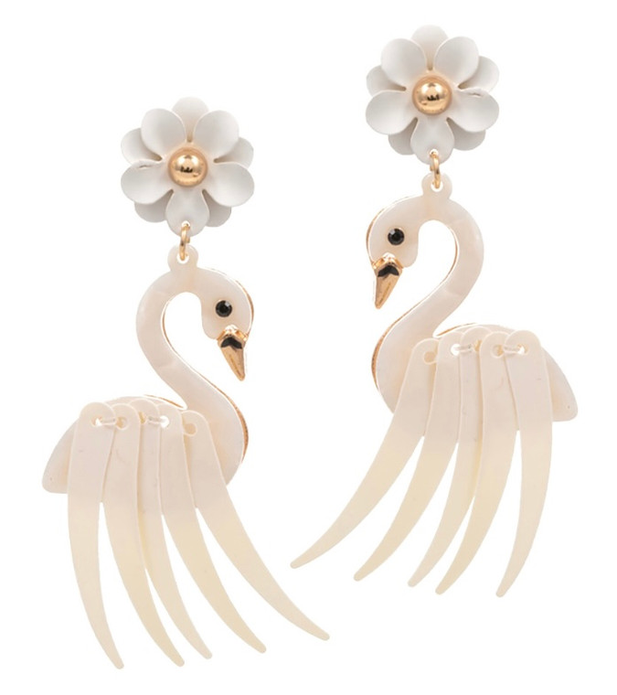 Island Blossom Flower Celluloid Acetate Flamingo Earring - White
