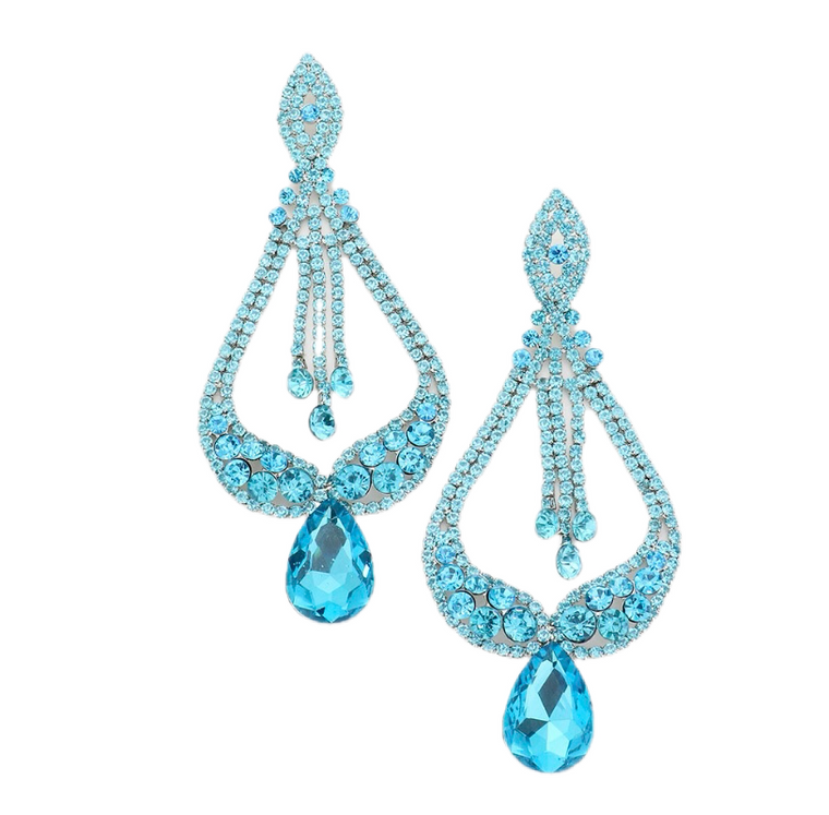Midnight Gala Oversized Pave Glass Teardrop Chandelier Earrings - Aqua