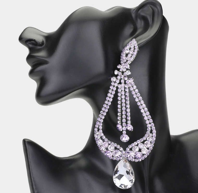 Midnight Gala Oversized Pave Glass Teardrop Chandelier Earrings - Lavender
