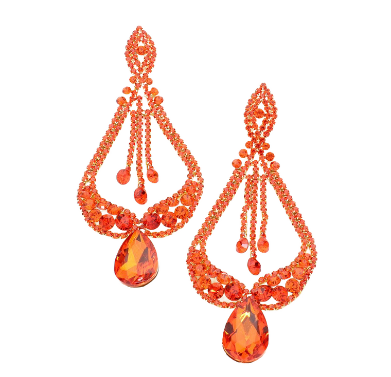 Midnight Gala Oversized Pave Glass Teardrop Chandelier Earrings - Orange