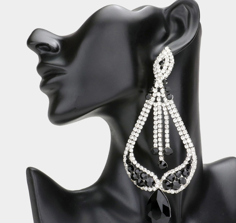 Midnight Gala Oversized Pave Glass Teardrop Chandelier Earrings - Black