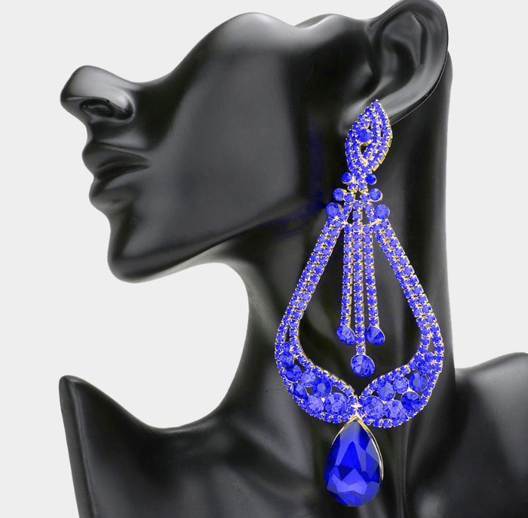 Midnight Gala Oversized Pave Glass Teardrop Chandelier Earrings - Royal Blue