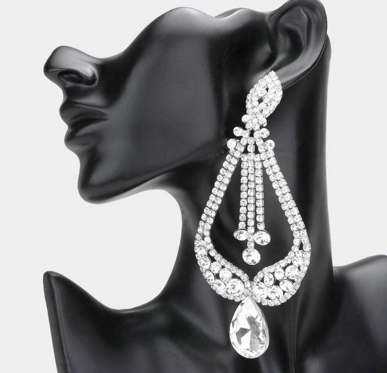 Midnight Gala Oversized Pave Glass Teardrop Chandelier Earrings - Silver