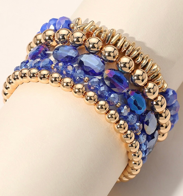 Refined Gleam 5 PCS Metal Ball Faceted Beaded Stretch Multi Layered Bracelet - Blue