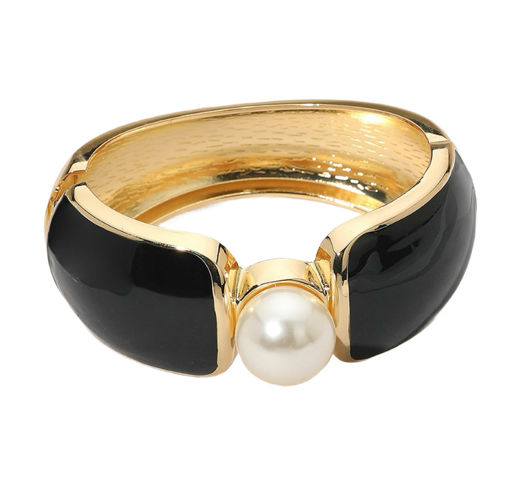 Glam Majesty Bold Central Pearl Accent Wide Enamel Hinged Bangle Bracelet - Black/Gold