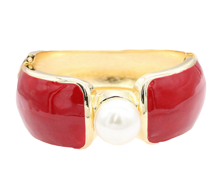 Glam Majesty Bold Central Pearl Accent Wide Enamel Hinged Bangle Bracelet - Red/Gold