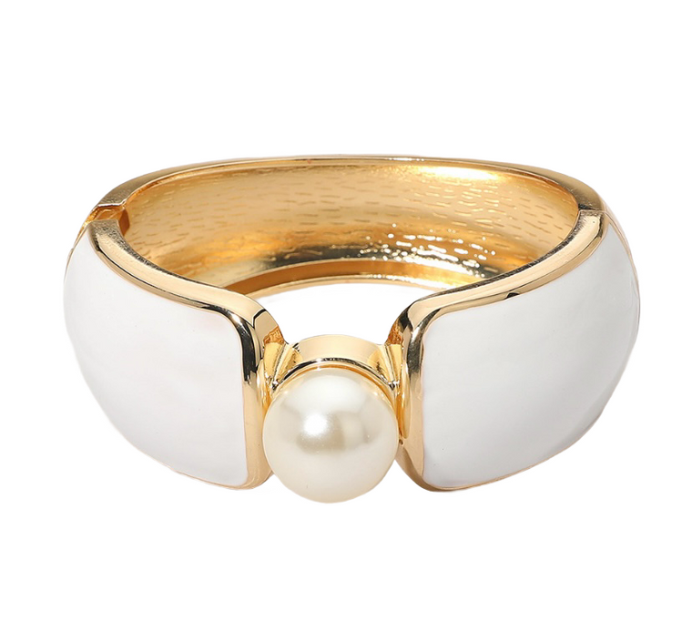 Glam Majesty Bold Central Pearl Accent Wide Enamel Hinged Bangle Bracelet - White/Gold