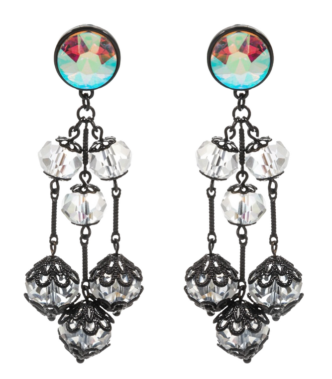 Radiant Globe Round Glass Stone Cluster Chandelier Earrings - Black